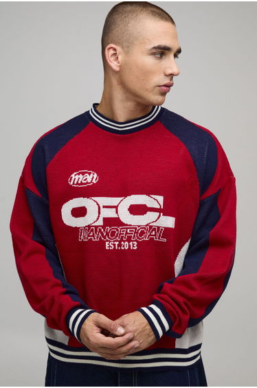 Relaxed Boxy Moto Jacquard Knitted Jumper - red