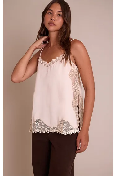 Cream Woven Lace Trim Detail Strappy Cami Top