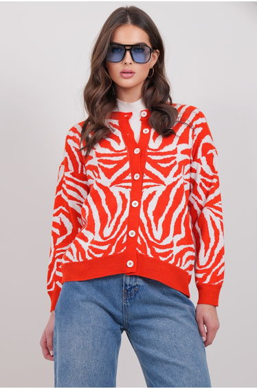 Women's Orange-Ecru Crew Neck Patterned Knitwear Cardigan