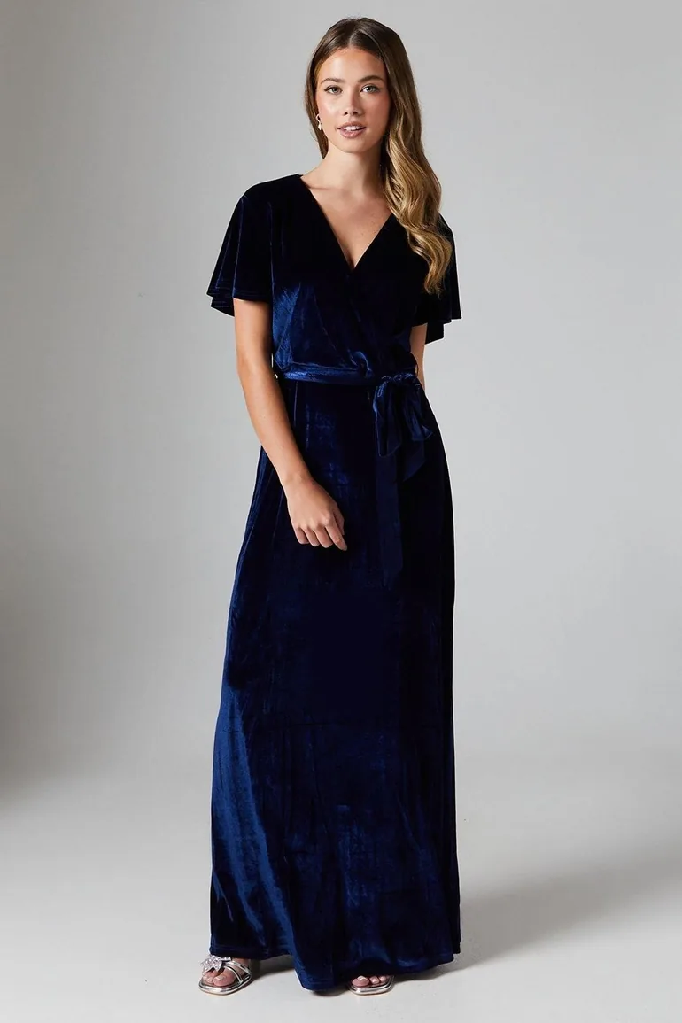 Teen Coast Velvet Angel Sleeve Bridesmaids Maxi Dress