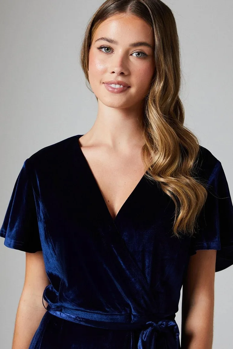 Teen Coast Velvet Angel Sleeve Bridesmaids Maxi Dress - 1