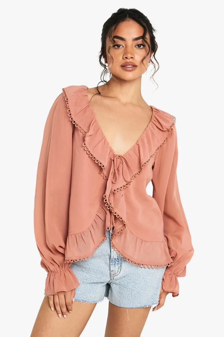 Ruffle Chiffon Crochet Trim Blouse - blush - 2