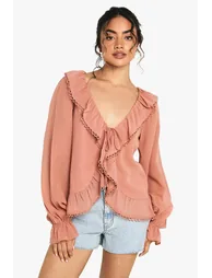 Ruffle Chiffon Crochet Trim Blouse - blush - 2