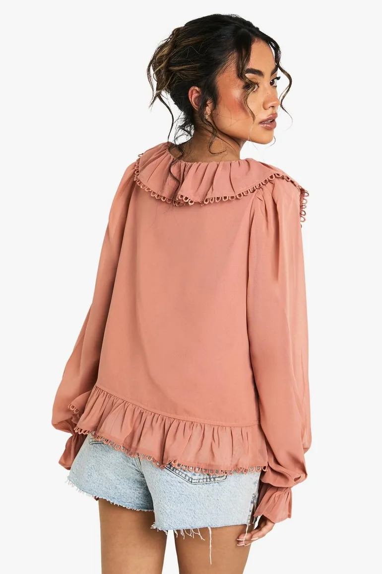 Ruffle Chiffon Crochet Trim Blouse - blush - 1