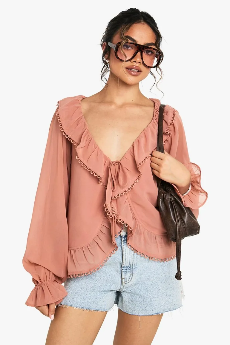 Ruffle Chiffon Crochet Trim Blouse - blush