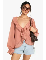 Ruffle Chiffon Crochet Trim Blouse - blush