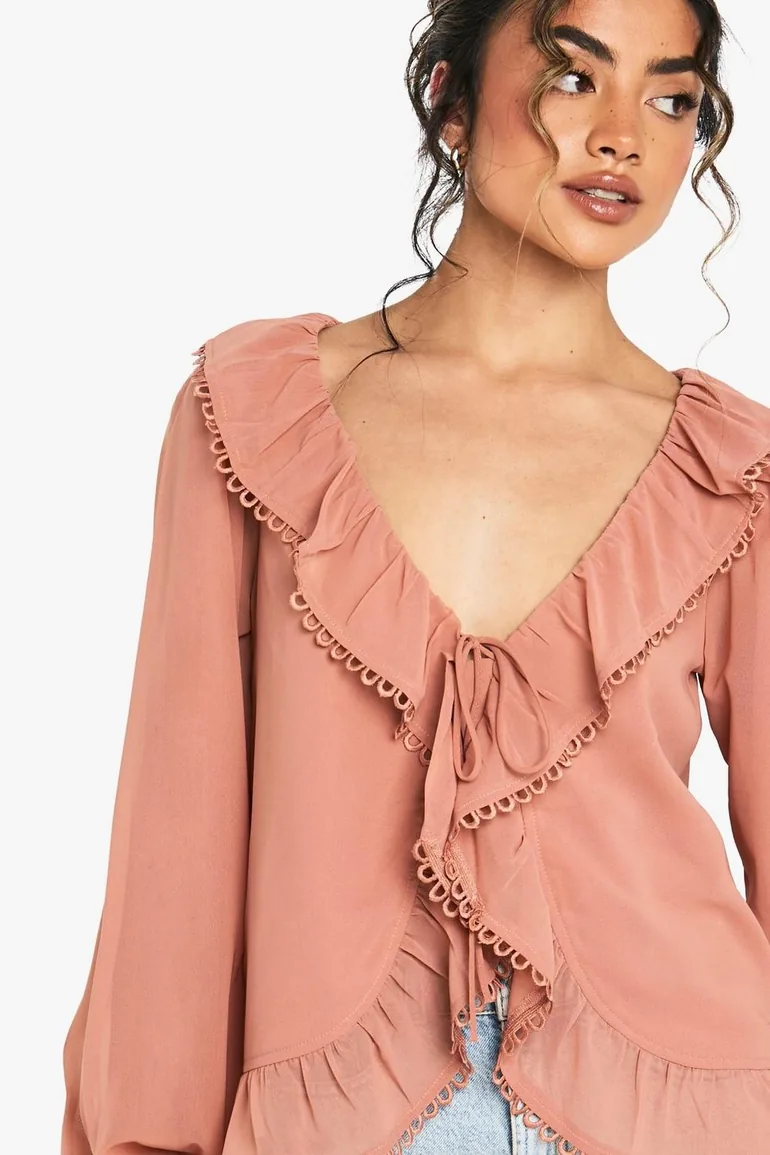 Ruffle Chiffon Crochet Trim Blouse - blush - 3