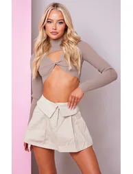 Stone Twill Foldover Waistband Oversized Pocket Bag Mini Skirt - 3