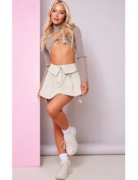 Stone Twill Foldover Waistband Oversized Pocket Bag Mini Skirt