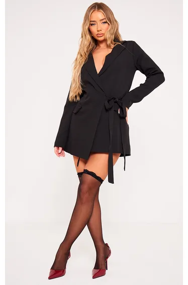 Prettylittlething Black Belted Blazer Mini Dress