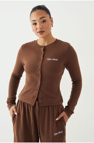 DSGN Studio Ribbed Script Embroidery Button Through Long Sleeve Top - mocha