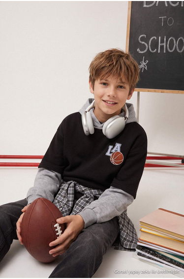 Black Boy's Embroidered Back Printed Hooded Sweatshirt