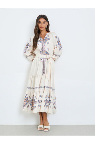 Women Cream Floral Print Tiered Midi Dress