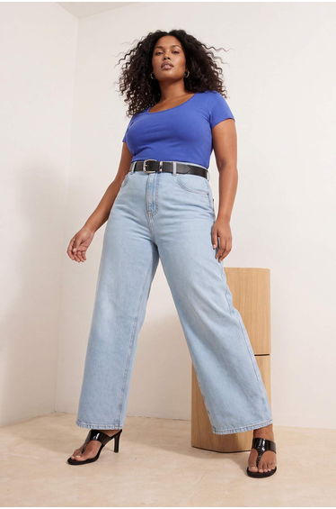 Light Blue Elastic High Waist Comfort/Medium Stretch New Wi̇de Leg Plus Size Jeans