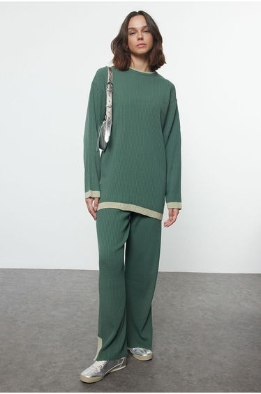 Petrol Green Colored Piping Detailed Knitwear Bottom-Top Set