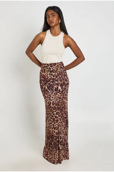 Animal Print Mesh Maxi Skirt - brown