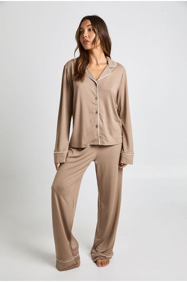 Jersey Piping Detail Long Sleeve Shirt & Trouser Pyjama Set - mocha