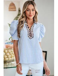 Lvness Sky Blue Stripe Ricrac Trim Short Puff Sleeve Leopard Patchwork Collar V Neck Blouse - 3
