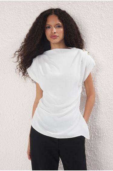 White Fitted Shirring and Button Detail Stand Collar Woven Blouse