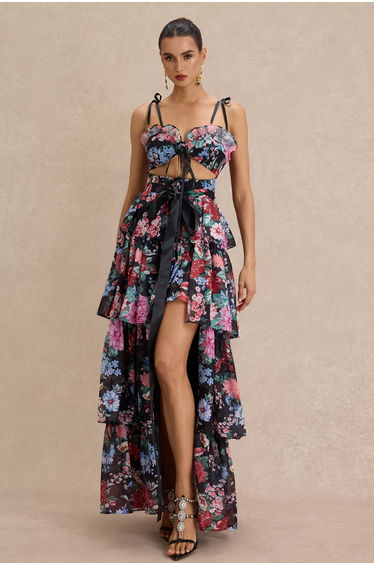 Floral Cut-Out Ruffle Mini Dress With Wrap Skirt Two Piece Set