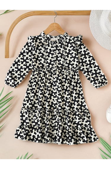 Printed Ruffled Detail Knee-Length Dress