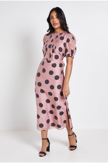 Petite Pleat Detail Puff Sleeve Midi Dress