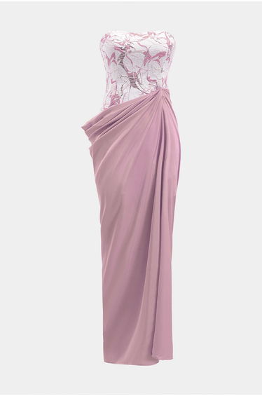 Satin Jacquard Patchwork Ruched Strapless Sleeveless Maxi Dress