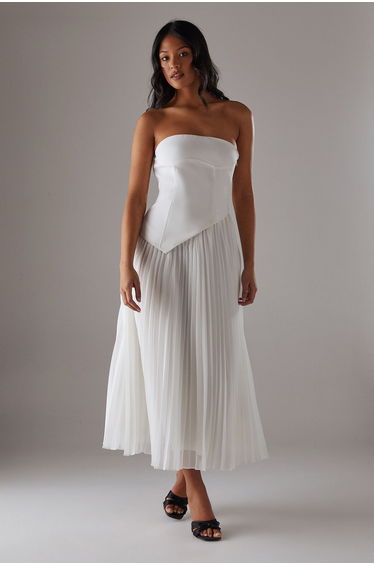 Bandeau Bodice Pleated Chiffon Midi Dress