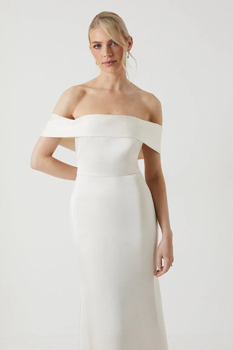 Shop Satin Bardot Fishtail Maxi Dress With Train Online in Oman
