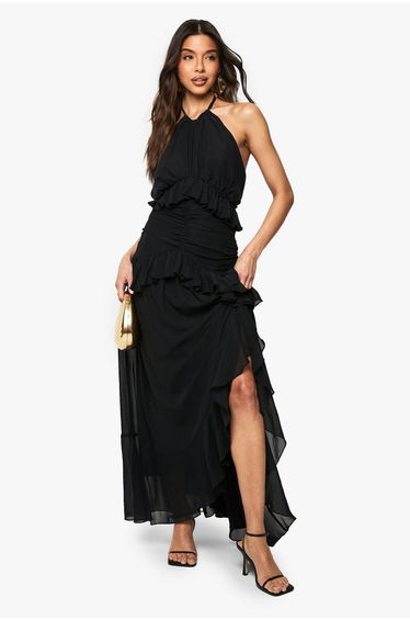 Halterneck Chiffon Ruffle Detail Maxi Dress