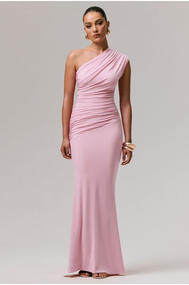 Mardi | Pink Asymmetric Maxi Dress With Ruching