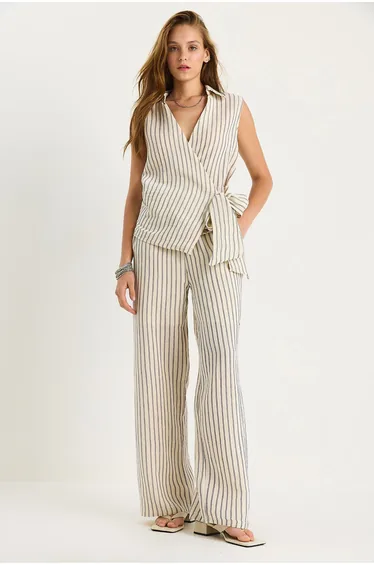 LUCCI Striped V-Neck Buttoned High Waist Wide Leg Two-Piece Set