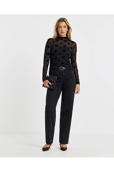 Black Velour Star Print Mesh Top
