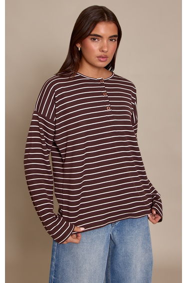 Chocolate Striped Button Down Detail Oversized Long Sleeve Top