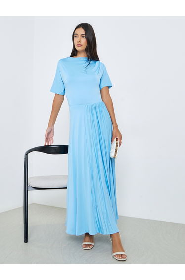 Blue Pleated Maxi Dress with Short Sleeves