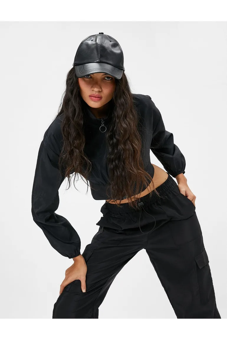 Crop Parachute Jacket Stand Up Collar with Elastic Waist