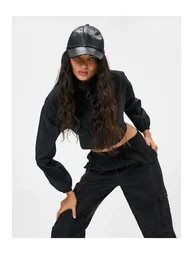 Crop Parachute Jacket Stand Up Collar with Elastic Waist