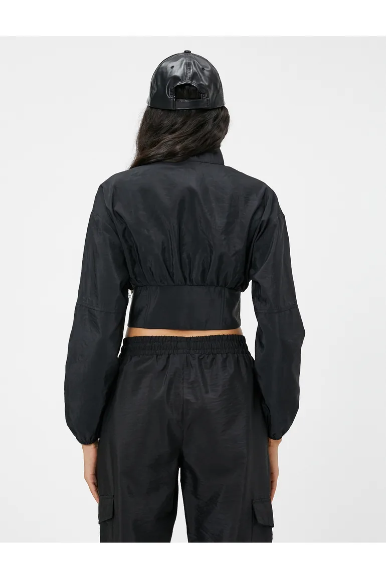 Crop Parachute Jacket Stand Up Collar with Elastic Waist - 3