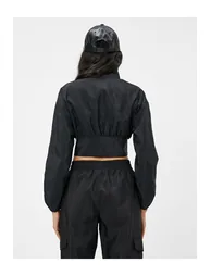 Crop Parachute Jacket Stand Up Collar with Elastic Waist - 3