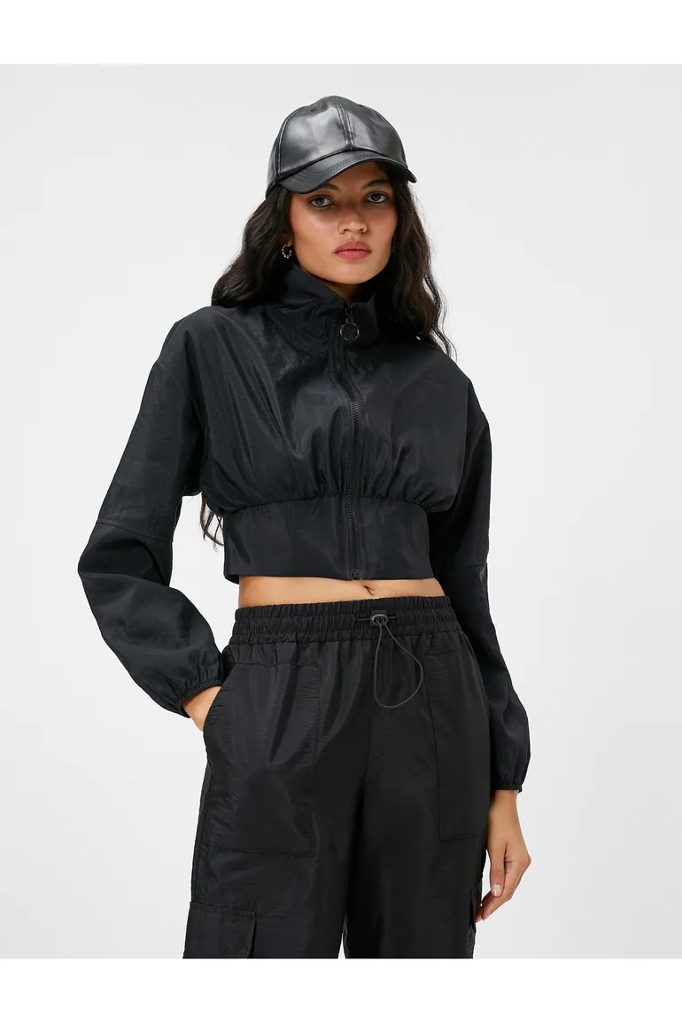Crop Parachute Jacket Stand Up Collar with Elastic Waist - 2