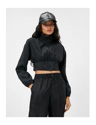 Crop Parachute Jacket Stand Up Collar with Elastic Waist - 2