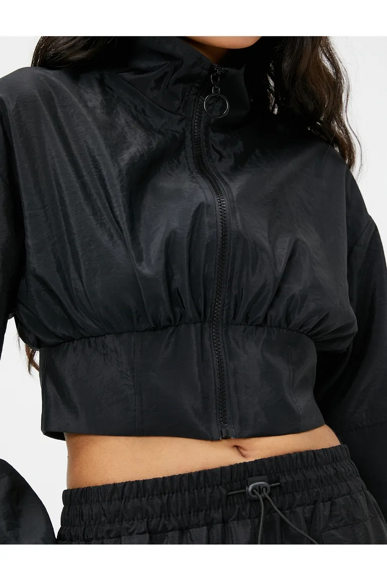 Crop Parachute Jacket Stand Up Collar with Elastic Waist - 4