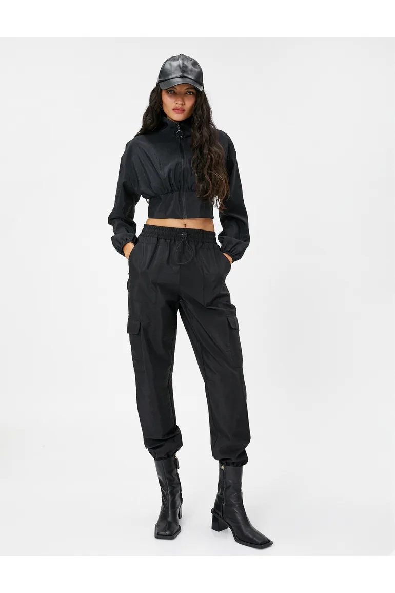Crop Parachute Jacket Stand Up Collar with Elastic Waist - 1