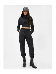Crop Parachute Jacket Stand Up Collar with Elastic Waist - 1