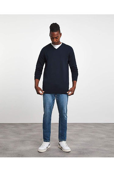 Dark Navy Cotton V Neck Knitted Jumper