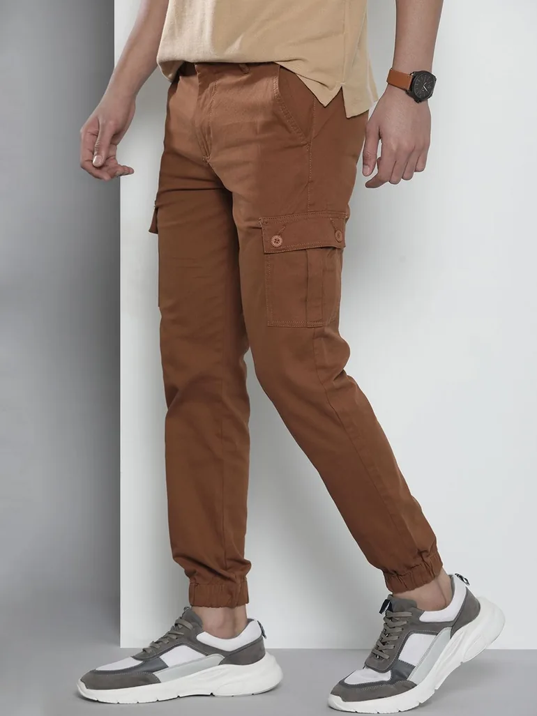 Men Rust Solid Slim Fit Cargo Pants - 1