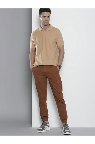 Men Rust Solid Slim Fit Cargo Pants