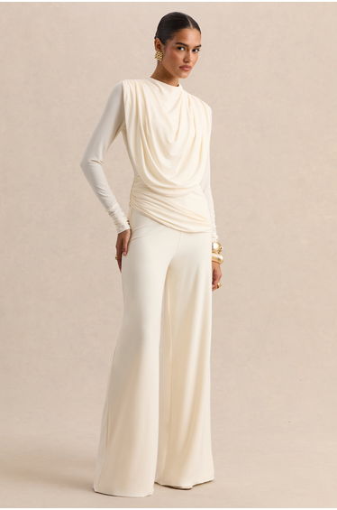 Raniella | White High-Neck Top With Gathered And Draped-Detailing