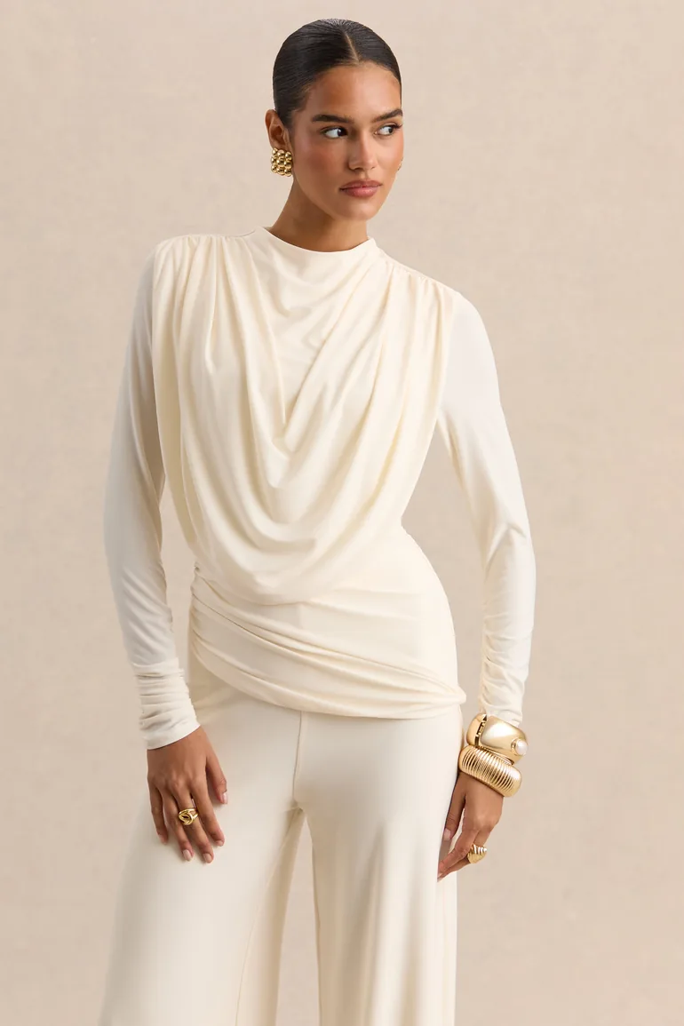 Raniella | White High-Neck Top With Gathered And Draped-Detailing - 6
