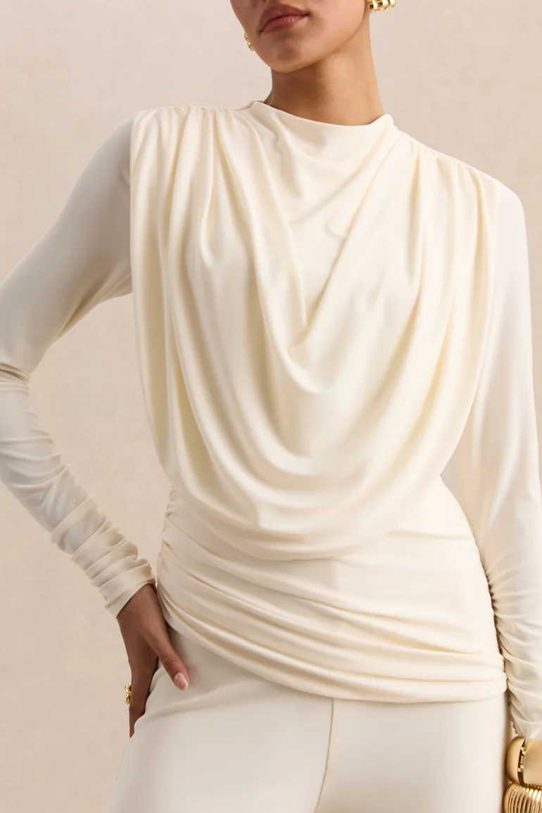 Raniella | White High-Neck Top With Gathered And Draped-Detailing - 3